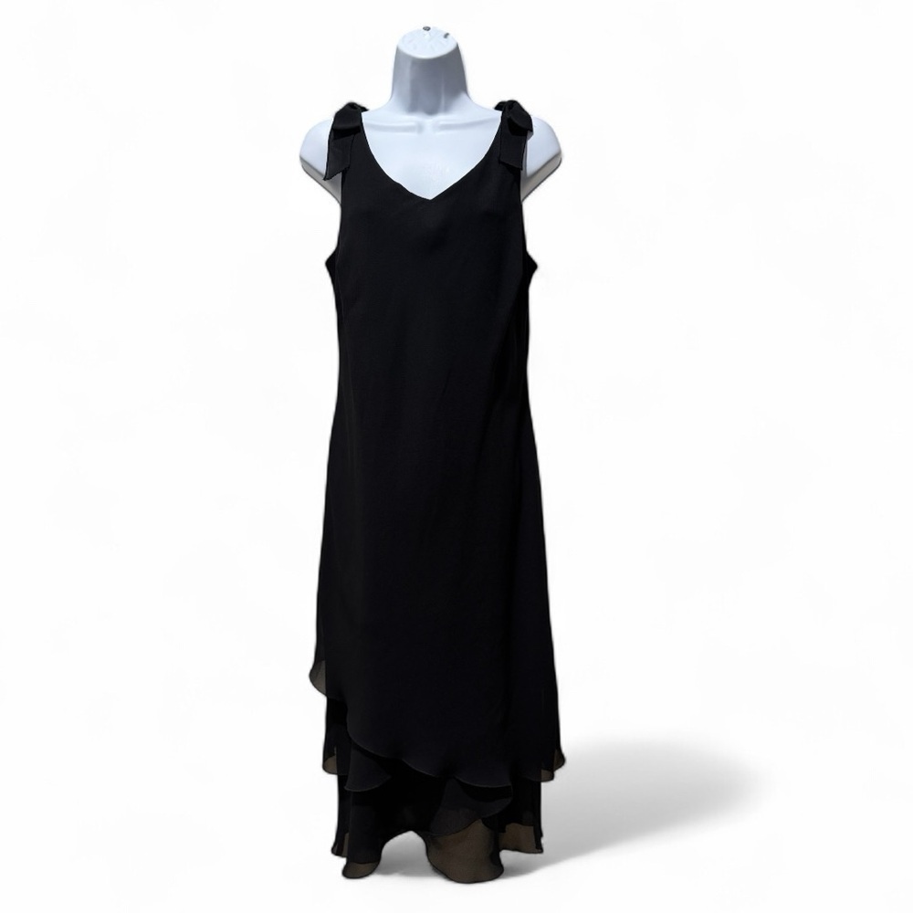 S.L. Fashions Black Chiffon Tiered Midi Dress Size 12 Bow Shoulder Cocktail